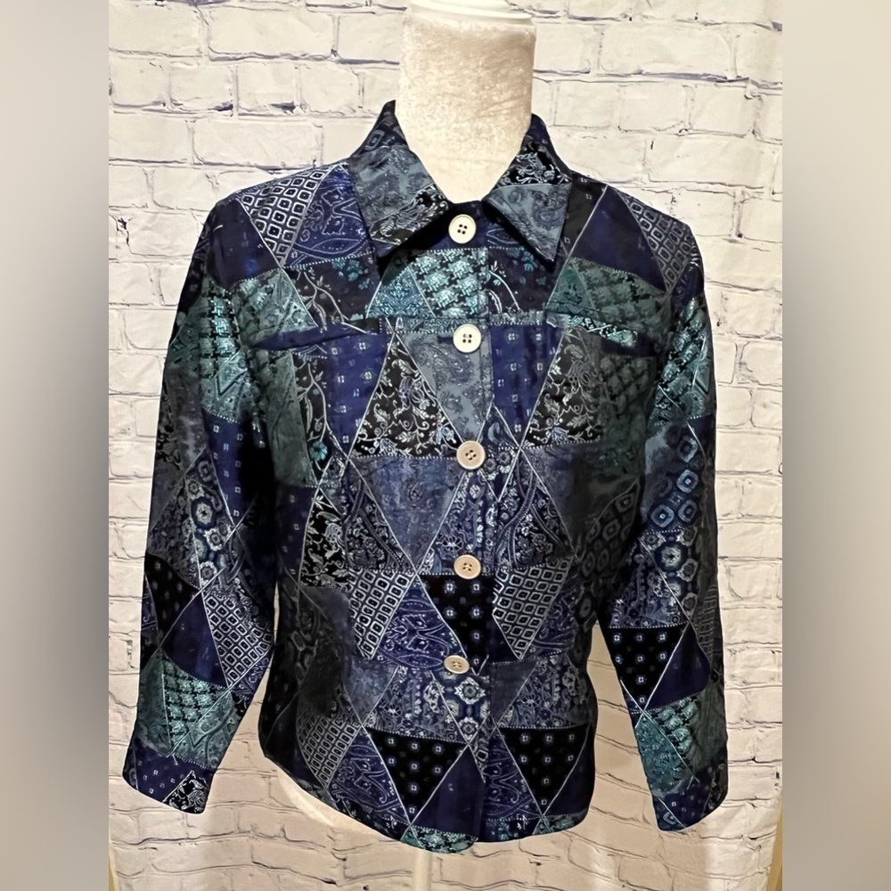 Coldwater Creek Blue Patchwork Jacket With Metal Buttons Size Small Petite